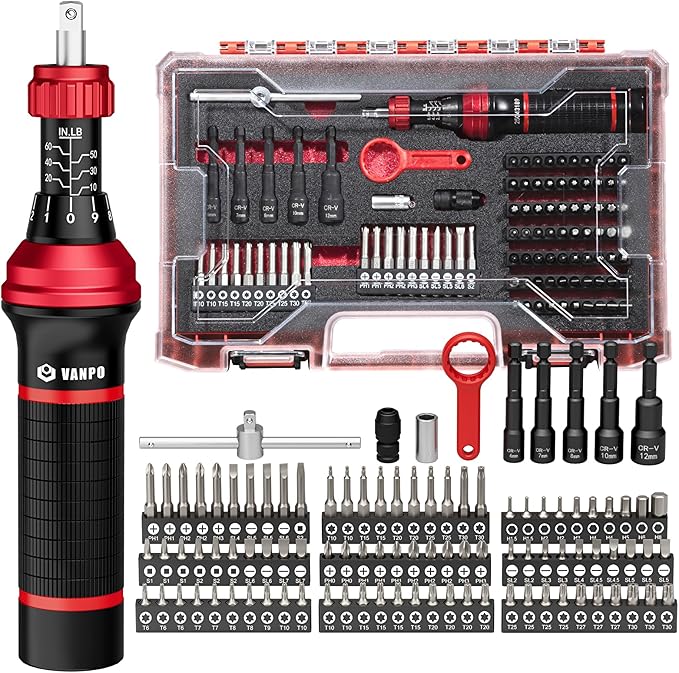 VANPO Torque Screwdriver Set 10-60 in-lb, 99-Piece Torque Driver Kit | with T-Bar & 1/4" Quick-Change Adapter, Adjustable for Scope Mounting, Bicycle & Electronics Maintenance
