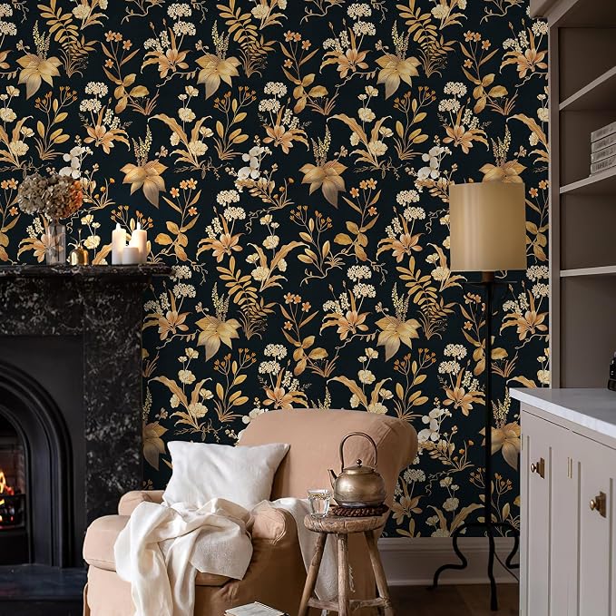 Simon&Siff Vintage Floral Peel and Stick Wallpaper 17.3" x 480" | Black Gold Botanical Contact Paper, Removable Wall Paper, Renter Friendly, for Cabinets, Furniture, DIY Decor