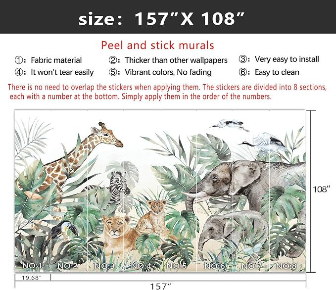 YIHWM-Peel and Stick Animal Wallpaper Tropical Rainforest Zoo Theme Mural | Tear-resistant,with a substantial feel;Will not be damaged during repositioning.Boy's Room,kids room wallpaper.XL-157"x108"