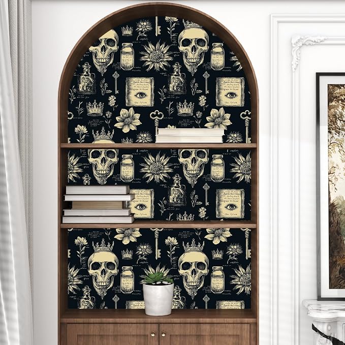 Gothic Black Beige Skull Floral Wallpaper Peel and Stick 17.5"x118" | Self Adhesive/Removable/Waterproof/Thick Vinyl Vintage Contact Paper for Bathroom Bedroom Shelf Cabinet Drawer,Prepasted