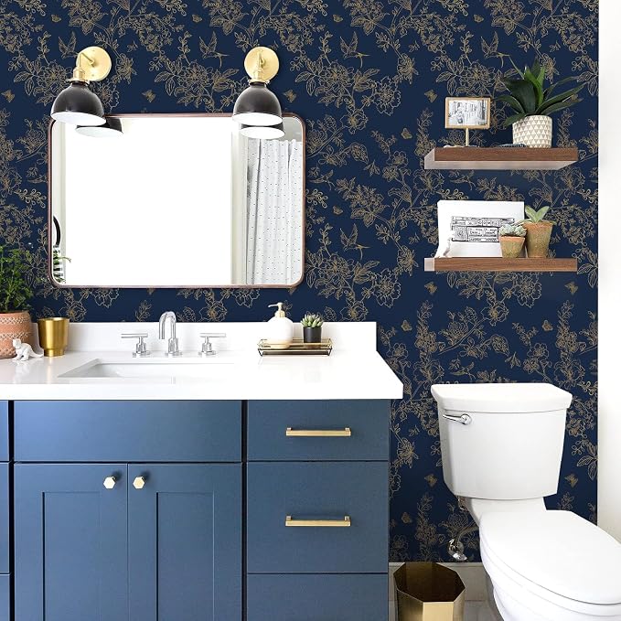 Froluya Dark Blue and Gold Vintage Floral Peel and Stick Wallpaper 17.7"x393.7" Dark Blue Floral Wallpaper Peel and Stick Removable Self Adhesive Wall Paper for Bathroom Bedroom Decorative Vinyl