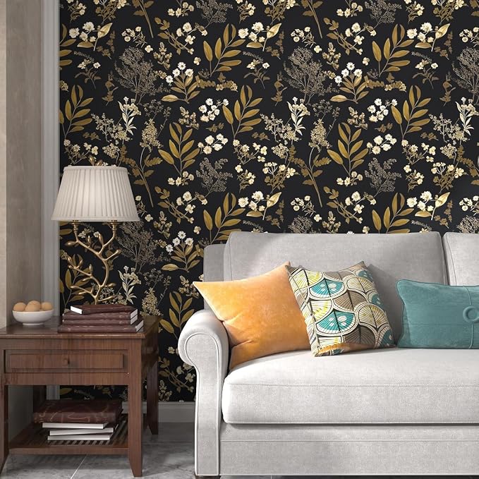 Vintage Floral Peel and Stick Wallpaper 17.5'' x 787'', Black Gold | Self Adhesive/Removable/Waterproof/Thick Vinyl Extra Long Contact Paper for Bathroom Bedroom Shelf Cabinet Drawer,Prepasted