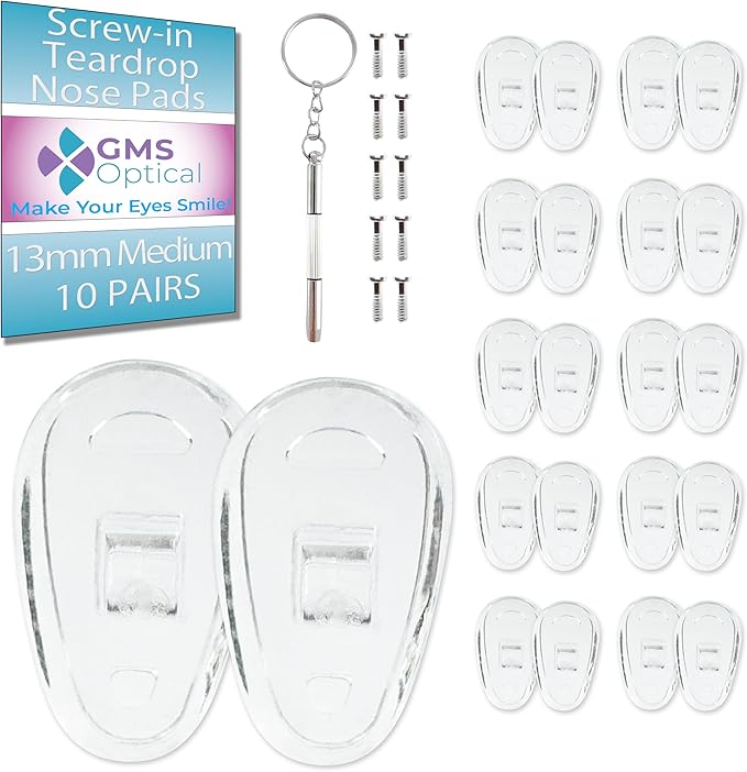 GMS Optical Screw-in Silicone Nose Pads for Glasses | 13mm Small | Non Slip Nose Grips for Sunglasses & Eyewear, Eyeglass Accessories for Kids & Small Frames w/Screws & Screwdriver (10 Pairs, Clear)