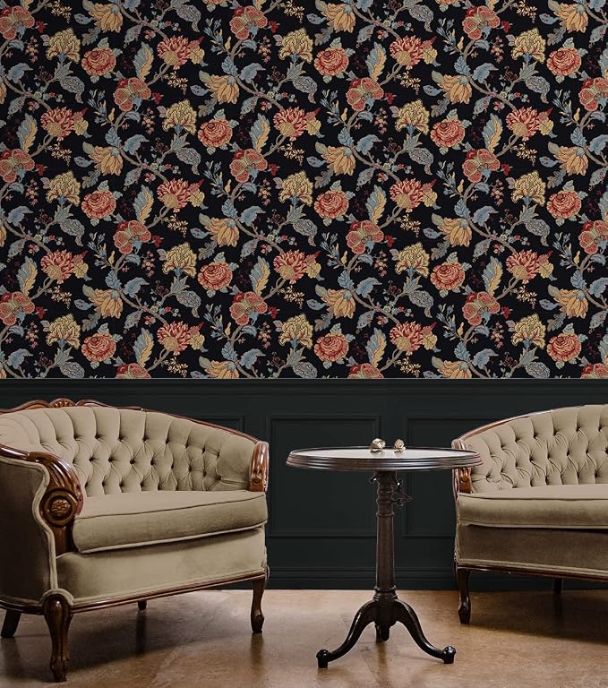 NextWall Kianna Jacobean Floral Peel and Stick Wallpaper (Ebony)