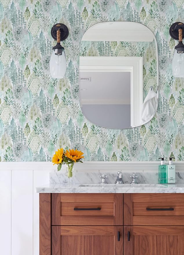 RoomMates Green Watercolor Tree Mosaic Peel and Stick Wallpaper, 20.5 in x 18 ft, Vinyl, Removable, No Sticky Residue, For Smooth Surfaces
