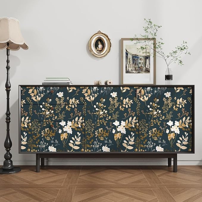 Vintage Dark Navy Gold Floral Peel and Stick Wallpaper 17.5"x787" | Self Adhesive/Removable/Waterproof/Thick Vinyl Extra Long Contact Paper for Bathroom Bedroom Shelf Cabinet Drawer,Prepasted