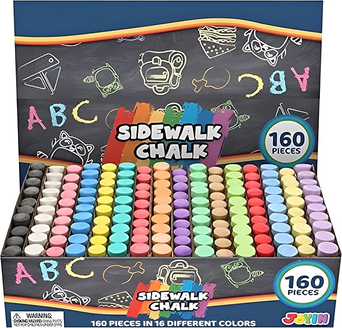 JOYIN 160 PCS Sidewalk Chalks Set-16 Colors Non-Toxic Washable Jumbo Chalk for Outdoor Art Play, Painting on Chalkboard, Blackboard and Playground
