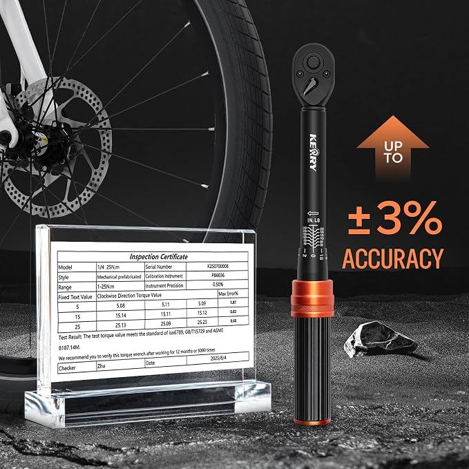 Kerry 1/4 Inch Drive Click Torque Wrench, 20-240 in-lb/2.3-27.1 Nm | ±3% Accuracy, Dual Scale, 72-Tooth Reversible Ratchet, Quick Release and Locking Adjustment with Case for Bicycle Maintenance