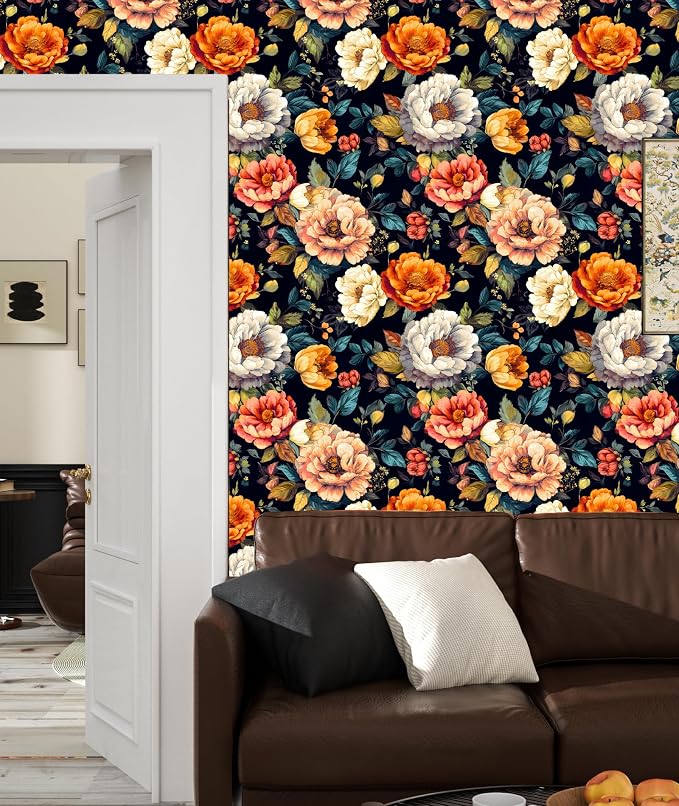 BOKEBEVE Floral Wallpaper Peel and Stick Boho Colorful Black 17.5 x 118In | Removable Self Adhesive Renter Friendly Vintage Floral Wall Paper for Bedroom Bathroom Cabinet Drawer Feature Accent Wall