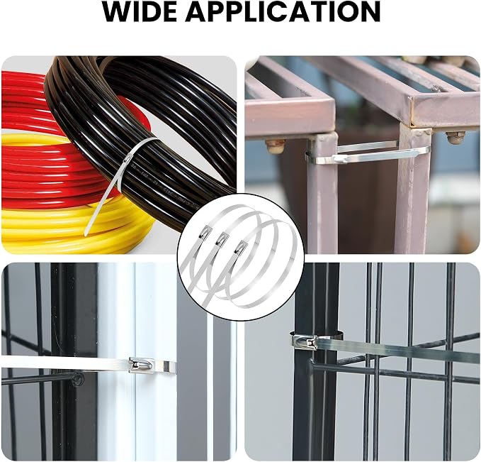 11.8 Inch 100 Pcs 304 Stainless Steel Metal Zip Ties | Heavy Duty Outdoor Cable Ties with Self-Locking Design for Machinery, Vehicles, Farms, Pipes, Roofs, Cables