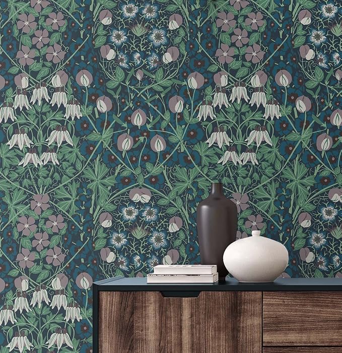 NextWall Tulip Garden Floral Peel and Stick Wallpaper (Deep Ocean & Purple Haze)