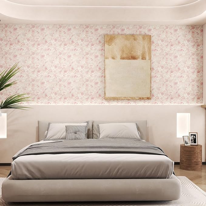 Hopepak Peel and Stick Wallpaper Floral Wallpaper Hand-Painted Pink Peony Flower Contact Paper Self Adhesive Removable Wall Paper Vinyl for Living Room Bedroom Bathroom Cabinets Wall Decor 17.3"×197"
