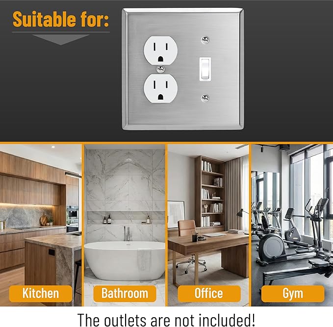 Bates- 2-Gang Combination Wall Plate, 4.88"x 4.92"/Mid-Size, Silver, Stainless Steel Toggle Light Switch/Duplex Receptacle Outlet, 2 Gang Wall Plate for Electrical Outlets, Double Outlet Cover Plate
