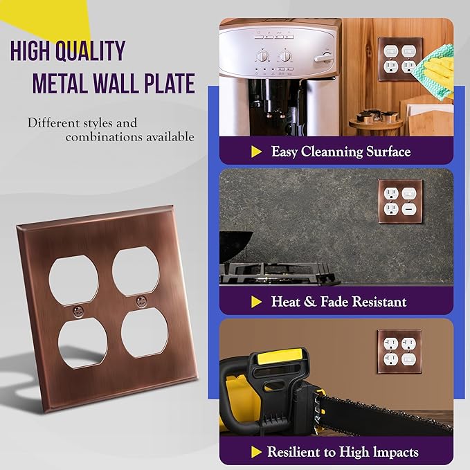 ENERLITES Antique Copper Double Duplex Receptacle Metal Wall Plate, Outlet Cover, Corrosion Resistant, Standard Size 2-Gang 4.50" x 4.57", Stainless Steel 201, 7722-AC