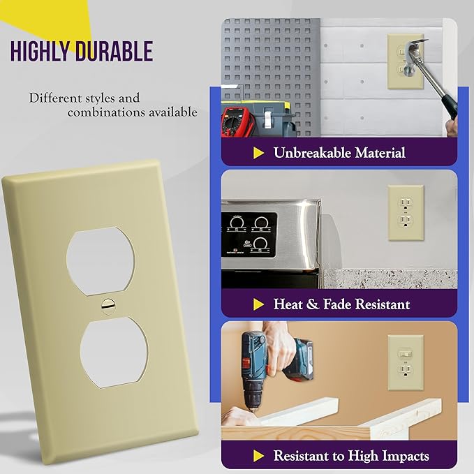 ENERLITES Duplex Receptacle Outlet Wall Plate, Midway Size 1-Gang 4.88" x 3.11", Unbreakable Polycarbonate Thermoplastic, 8821M-I, Ivory