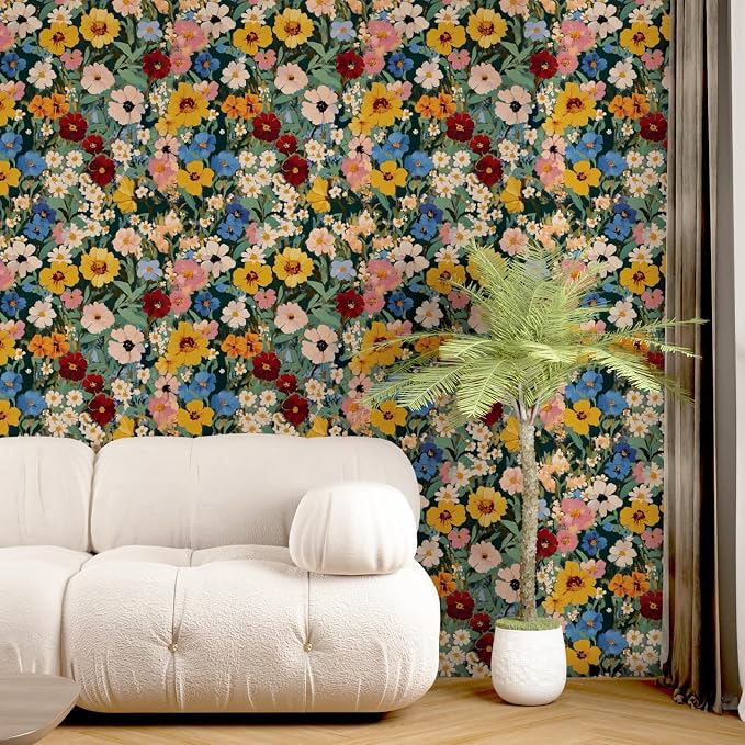BOKEBEVE Floral Wallpaper Peel and Stick Boho Green Yellow 17.5 x 393.5In | Extra Long Removable Renter Friendly Vintage Watercolor Wall Paper for Bedroom Bathroom Living Room Feature Accent Wall