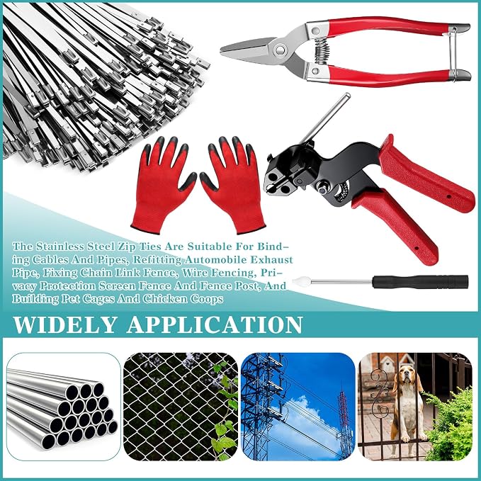 LEIFIDE Stainless Steel Cable Tie Gun Set 200 Pcs 11.8 Inch Heavy Duty Metal Zip Tie Adjustable Fastening Cutting Tool for Outdoor Exhaust Wrapping Fence Workshop(Silver, Red)