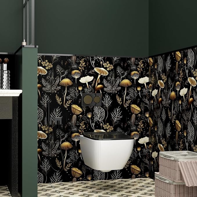 Dark Mushroom Wallpaper Peel and Stick 17.5" x 787",Black Gold | Self Adhesive/Removable/Waterproof/Thick Vinyl Extra Long Contact Paper for Bathroom Bedroom Shelf Cabinet Drawer,Prepasted