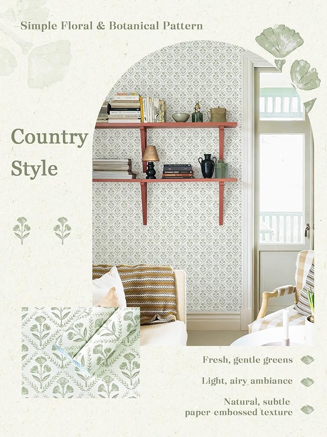 Dimoon Green Peel and Stick Wallpaper Floral Contact Paper Village Vintage Summer Cute Farmhouse Cottage Wall Paper Country Renter Friendly Geometry Waterproof Moody Bathroom Kitchen 197"x17.3"