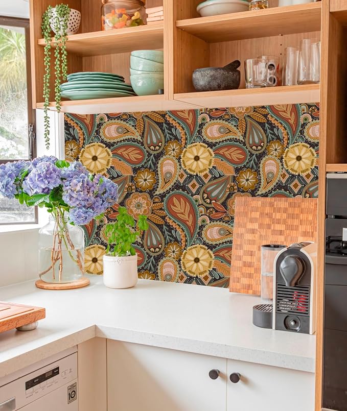 HAOKHOME Boho Peel and Stick Wallpaper Floral Paisley Brown/Yellow/Terracotta Renter Friendly Removable Wall Paper for Bedroom Decor 17.3in x 9.8ft