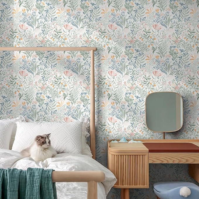 Fititem Floral Peel and Stick Wallpaper Boho Modern Wall Paper 17.3”×78.7” | Wildflower Self Adhesive Contact Paper for Cabinet Fun Nature Removable Waterproof Wallpaper for Bathroom Kids Bedroom Decor