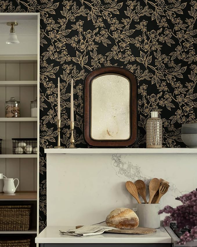 Ismoon Peel and Stick Wallpaper Black and Gold Stick on Wallpaper Dark Floral 17.3x78.7in Black Modern Wall Paper Removable Self Adhesive Contact Paper for Bedroom Cabinets Shelf Liner Vinyl