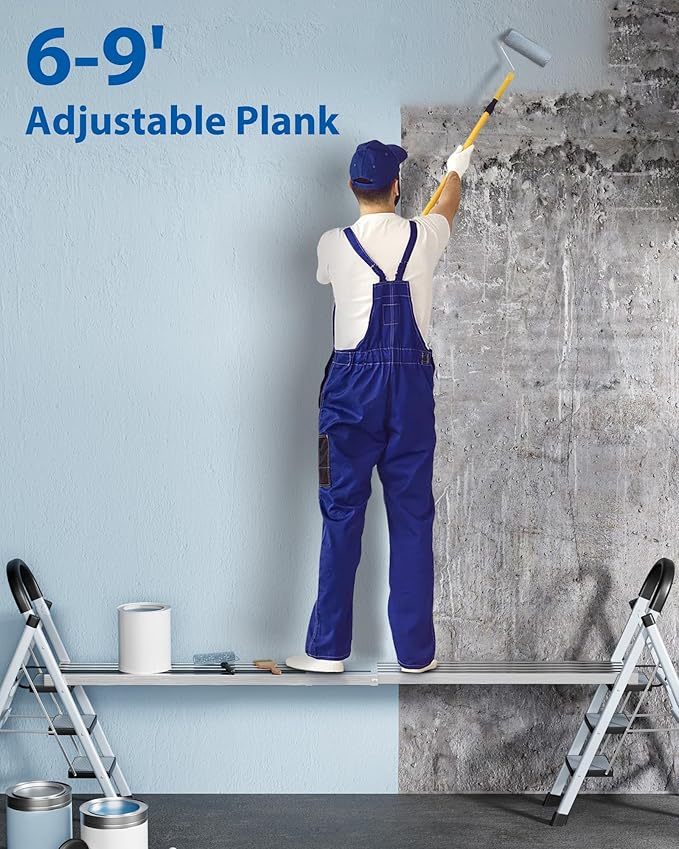 GarveeTech 6-9 ft Telescoping Plank, Aluminum Work Plank, 440 LBS Capacity, Aluminum Scaffolding Plank with Skid-Proof Platform Scaffold Ladder Accessory