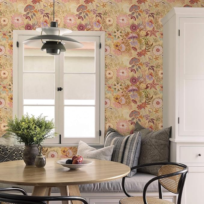 Ismoon Vintage Floral Peel and Stick Wallpaper Deep Beige Pink Contact Paper Jellyfish Starfish Stick on Wall Paper Removable Self Adhesive Vinyl Wallpaper for Bedroom Wall Cabinet Decor 17.3x78.7in