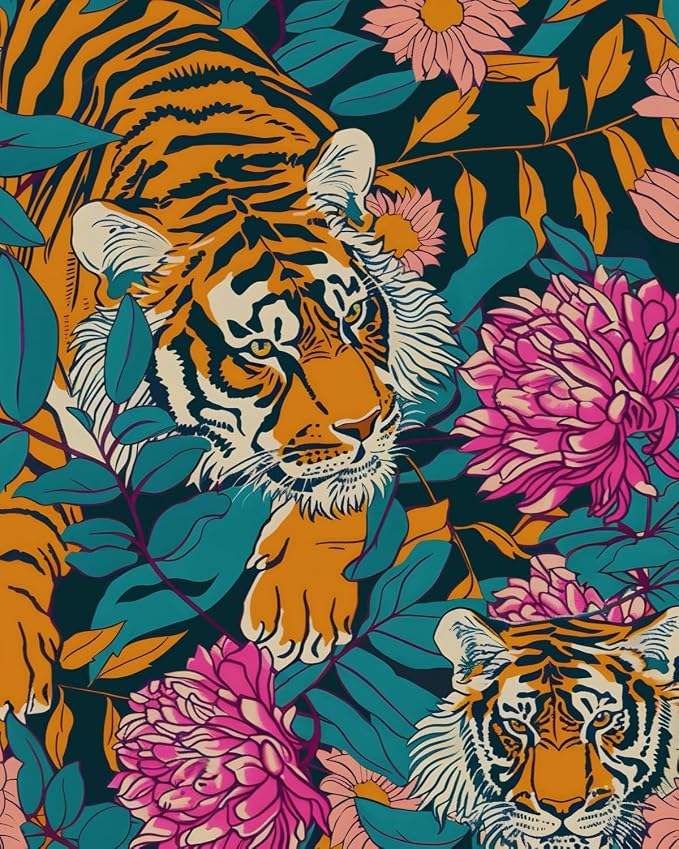 BOKEBEVE Tiger Floral Wallpaper Peel n Stick Vintage Orange 17.5 x 393.5In | Extra Long Removable Renter Friendly Jungle Tiger Wall Paper for Bedroom Bathroom Living Room Feature Accent Wall