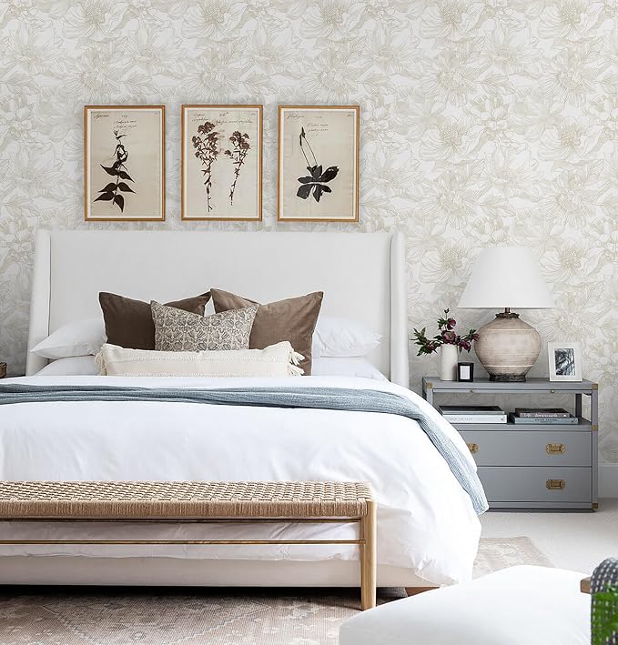 Ismoon Large Floral Peel and Stick Wallpaper Boho Beige/Coffee Contact Paper 17.3inx49ft Modern Wall Paper Removable Self Adhesive Bedroom Cabinet Bathroom Waterproof Mural Wall Decor Vinyl Roll