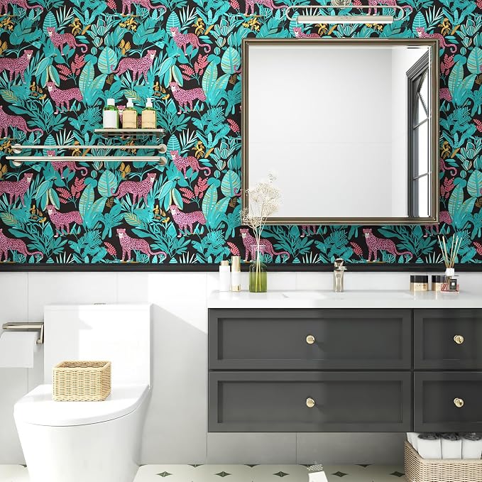 Blue Pink Vintage Leopard Peel and Stick Wallpaper 17.5" x 78" | Waterproof Vinyl Self Adhesive Removable Renter Friendly Floral Contact Paper