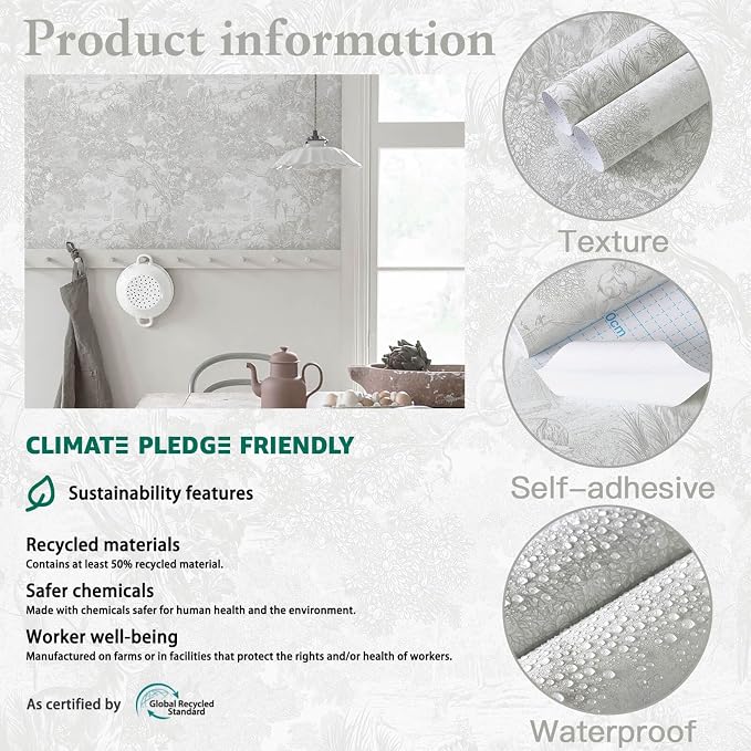 Heroad Peel and Stick Wallpaper Grey and White Vintage Forest Animals Floral Wallpaper Removable Self-Adhesive Contact Paper for Bedroom Living Room Cabinets Decoration Thicken Vinyl 17.3" x 393"
