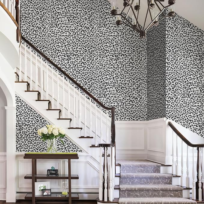 Leopard Print Peel and Stick Wallpaper, Waterproof Removable Self Adhesive Textured Wall Paper, Black and White Unique Funky Cheetah Contact Paper for Bedroom and Bathroom 120"X17.3"(14.4 sq. ft)