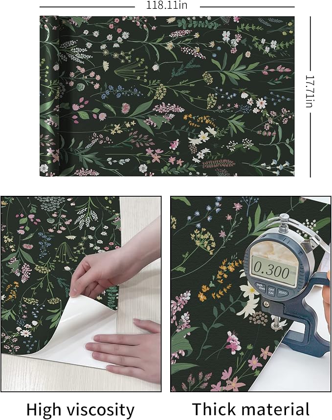 JiffDiff Floral Wallpaper Peel and Stick 17.3"x118" Dark Farm Wildwood Stick on Wallpaper for Home Bedroom Cabinets Thicken Self Adhesive Contact Paper