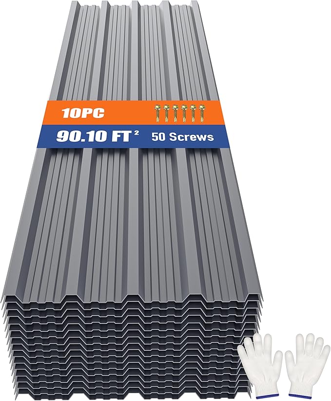 Brakki Metal Roofing Panels 10pcs 90.1 ft², 73.23"Lx17.72"W Grey Corrugated Galvanized Steel Roof Panels with Screw, Heavy Duty Metal Siding Suitable for Garages Chicken Coop Sheds Stables Patio