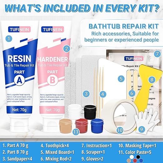 Bathtub Repair Kit 4.94oz (Color Match), TUFINEIN Porcelain Repair Kit for Fiberglass, Enamel, Ceramic, Acrylic Repair and Fix Chips, Cracks, Scratches, Holes on Tub/Tile/Sink/Shower Tray/Shower