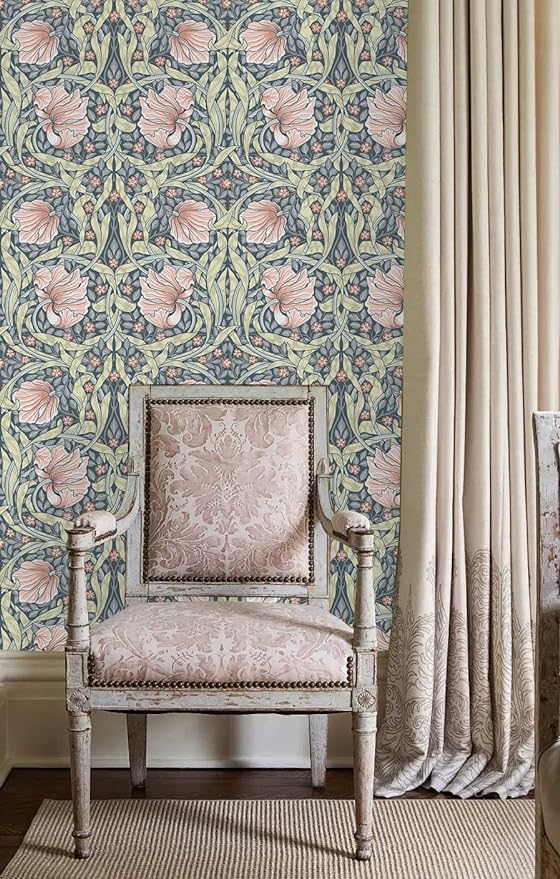 HAOKHOME Vintage Floral Wallpaper Peel and Stick Botanical Grey/Terracotta Wall Murals Home Kitchen Bedroom Decor by William Morris 17.3in x 9.8ft