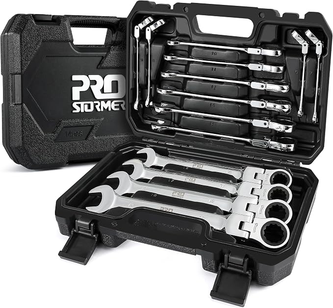 Prostormer 14-Piece Metric Flex-Head Ratcheting Wrench Set | 6-19mm Ratchet Combination Wrenches Kit, 72-Tooth, Cr-V Steel, Organizer Tool Box