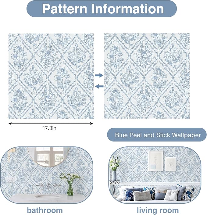 Toduso Peel and Stick Wallpaper Vintage Wall Paper Blue and White Contact Paper Floral Removable Wallpaper for Bathroom Bedroom Flower Waterproof Self Adhesive Vinyl Drawer Decor 17.3"x196.8"