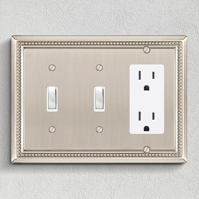 Henne Bery Sunken Pearls Heavy Duty Decorative Wall Plate Switch Plate Outlet Cover (Double Toggle/Single Decorator, Satin Nickel)
