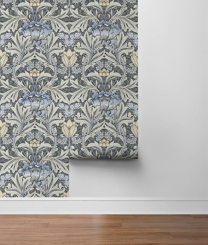 NextWall Acanthus Floral Peel and Stick Wallpaper (Charcoal & Carolina Blue)