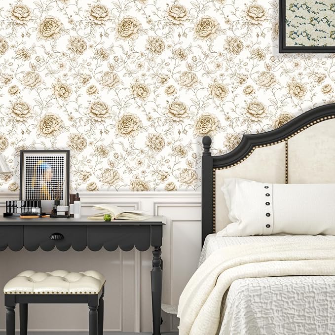 ILHIIOR Beige Floral Peel and Stick Wallpaper Boho Leaf Contact Paper White Flower Removable Self Adhesive Waterproof Wall Paper for Cabinet Drawers Wall Decor Renter Friendly 17.5''x118''