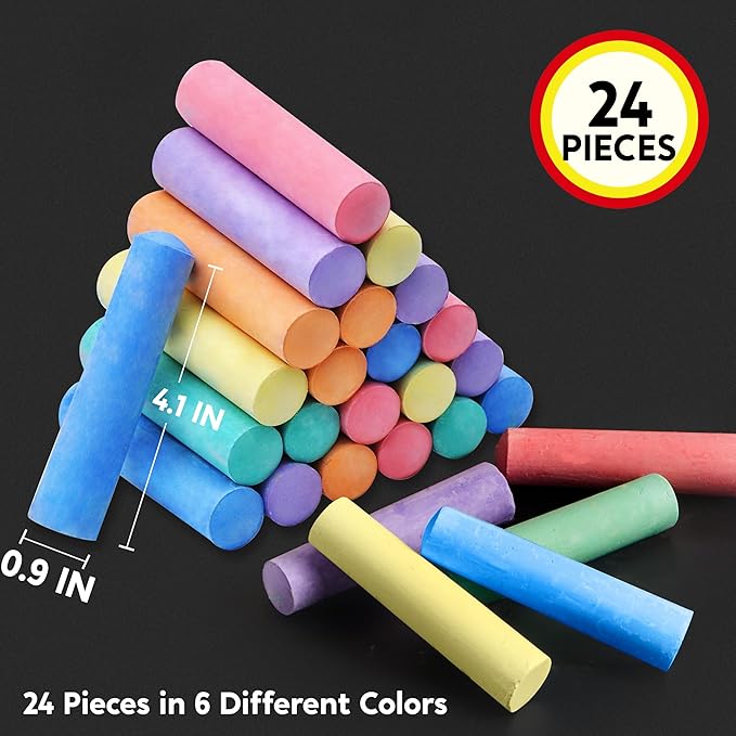 JOYIN 24 PCS Washable Sidewalk Chalks Set Non-Toxic Jumbo Chalk for Schools, Outdoor Art Play, Paint on Chalkboard, Blackboard and Playground (6 Colors)