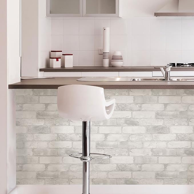 NuWallpaper Loft Brick Peel and Stick Wallpaper, White and Off-White, Textured Removable Wallpaper, 20.5 in x 18 ft