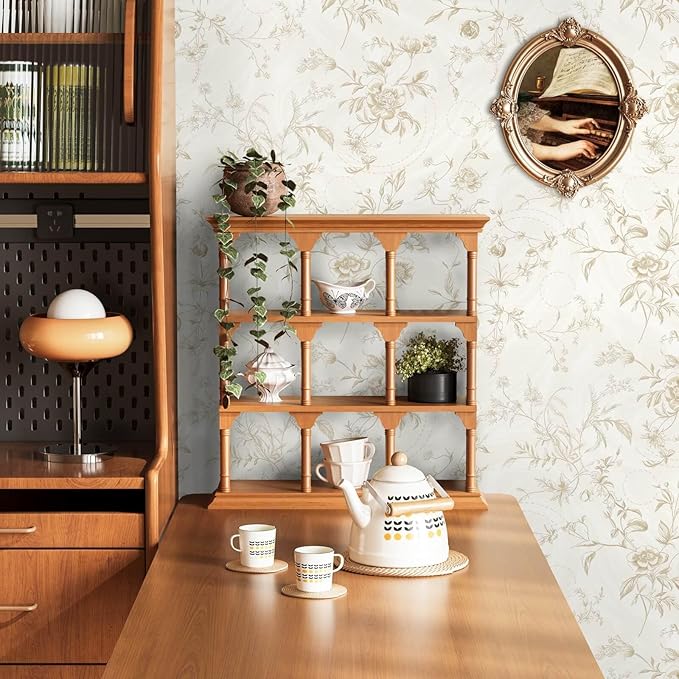 Ismoon Floral Peel and Stick Wallpaper Vintage Beige Stick on Wall Paper French Textured Contact Paper for Cabinet Removable Self Adhesive Wallpaper Vinyl Roll Shelf Decro, 17.3inx787in