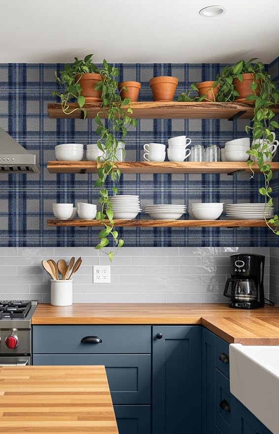 NextWall Harry & Grace Herringbone Plaid Premium Matte Non-Woven Peel and Stick Wallpaper (Blue Smoke)