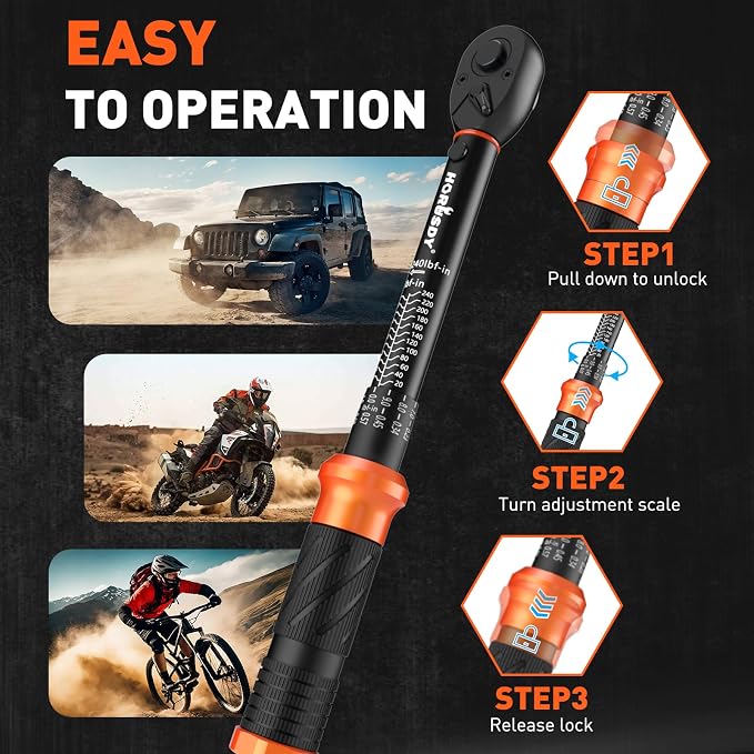 HORUSDY 1/4" Torque Wrench 4PCS Set, 20-240 in-lb Click Torque Wrench with 3" Extension Bar & 1/4" to 3/8" Adapter, Cr-V Inch Pound Torque Wrenches for Bike, Motorcycle & Small Engine Repair