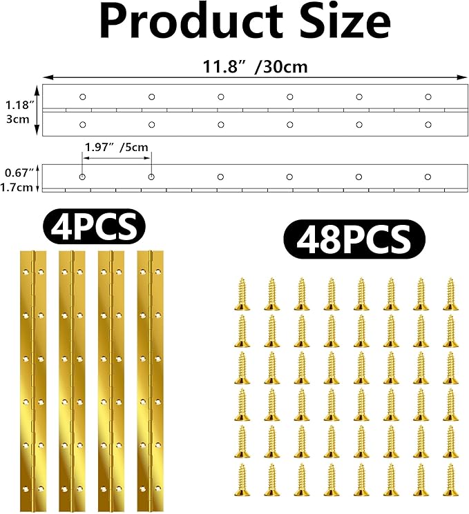 4 PCS 12 Inch Stainless Steel Piano Hinge Heavy Duty with 48pcs Screws for Cabinets Boat Marine Door DIY Woodworking Storage Box Hatche Furniture Hardware Golden