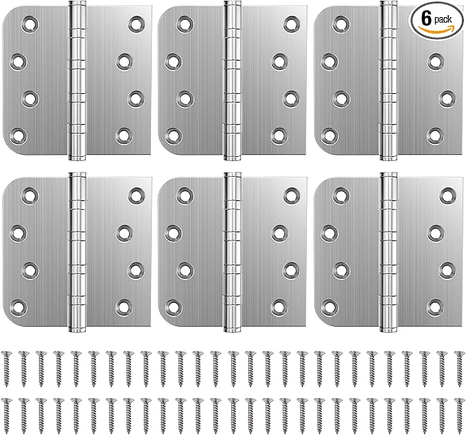 KOLET Ball Bearing Door Hinges, 4 x 4 Inches Door Hinges, Heavy Duty Stainless Steel Hinges, Square and 5/8'' Radius Corner, Smooth and Quiet, Non Removable Pin, Brushed Nickel, 6 Pack