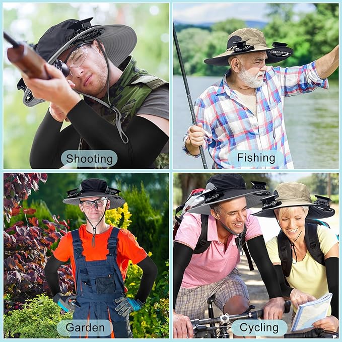 Glitopper 2 Set Wide Brim Solar Fan Hats with 2 Solar Fan and Arm Sleeves Set Outdoor Fishing Bucket Hat for Men Women Hiking